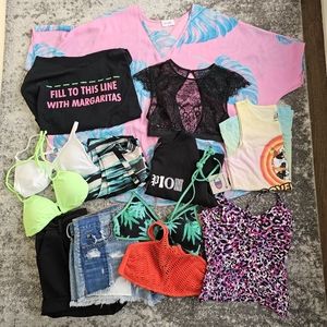 SOLD LOT 13 Piece Summer Clothing & Bikini Bundle Lot Shirts Tops XS/Small Beach